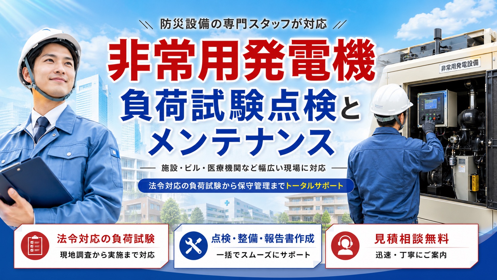 防災設備の専門スタッフによる非常用発電機の負荷試験点検とメンテナンス